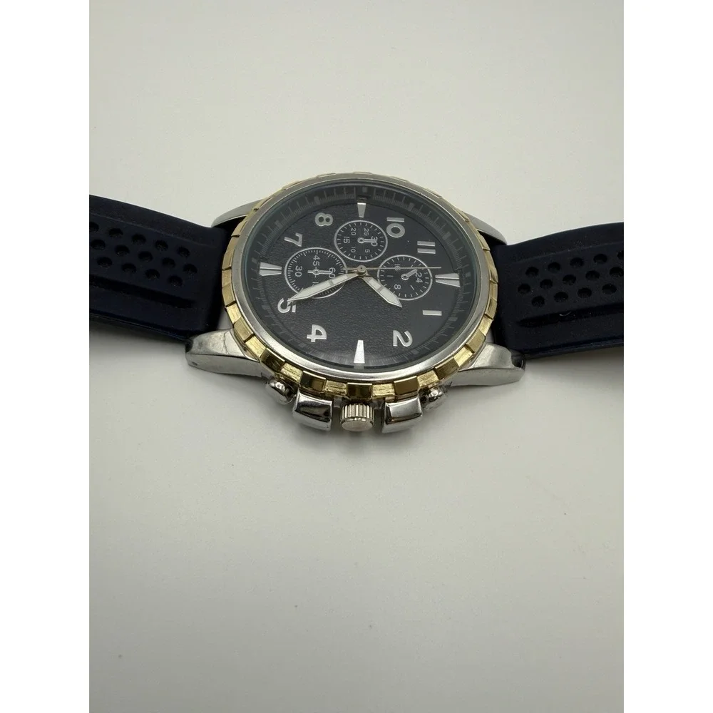 Men's Watch Chronograph Style Blue Rubber Strap Silver Gold Tone Quartz New